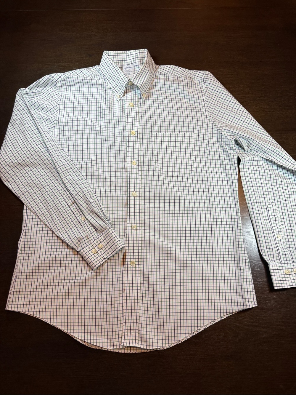 Brooks Brothers L White Button-Down Shirt with Green & Navy Checks